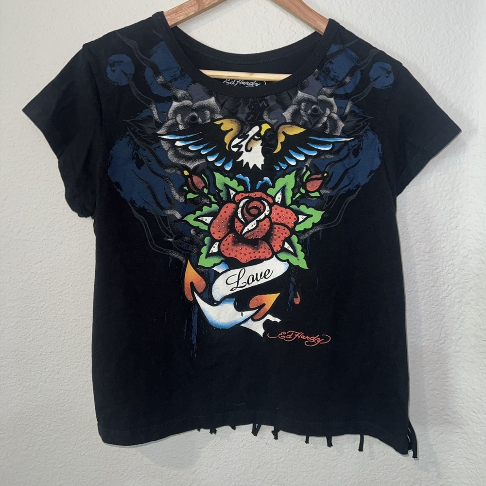 Ed Hardy Juniors T-Shirt BLACK Y2K Retro Love Rose Eagle Design Rear Fringe XL